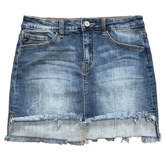 KanCan Hi-Low Fringed Denim Mini Skirt SMALL - Picture 1 of 14